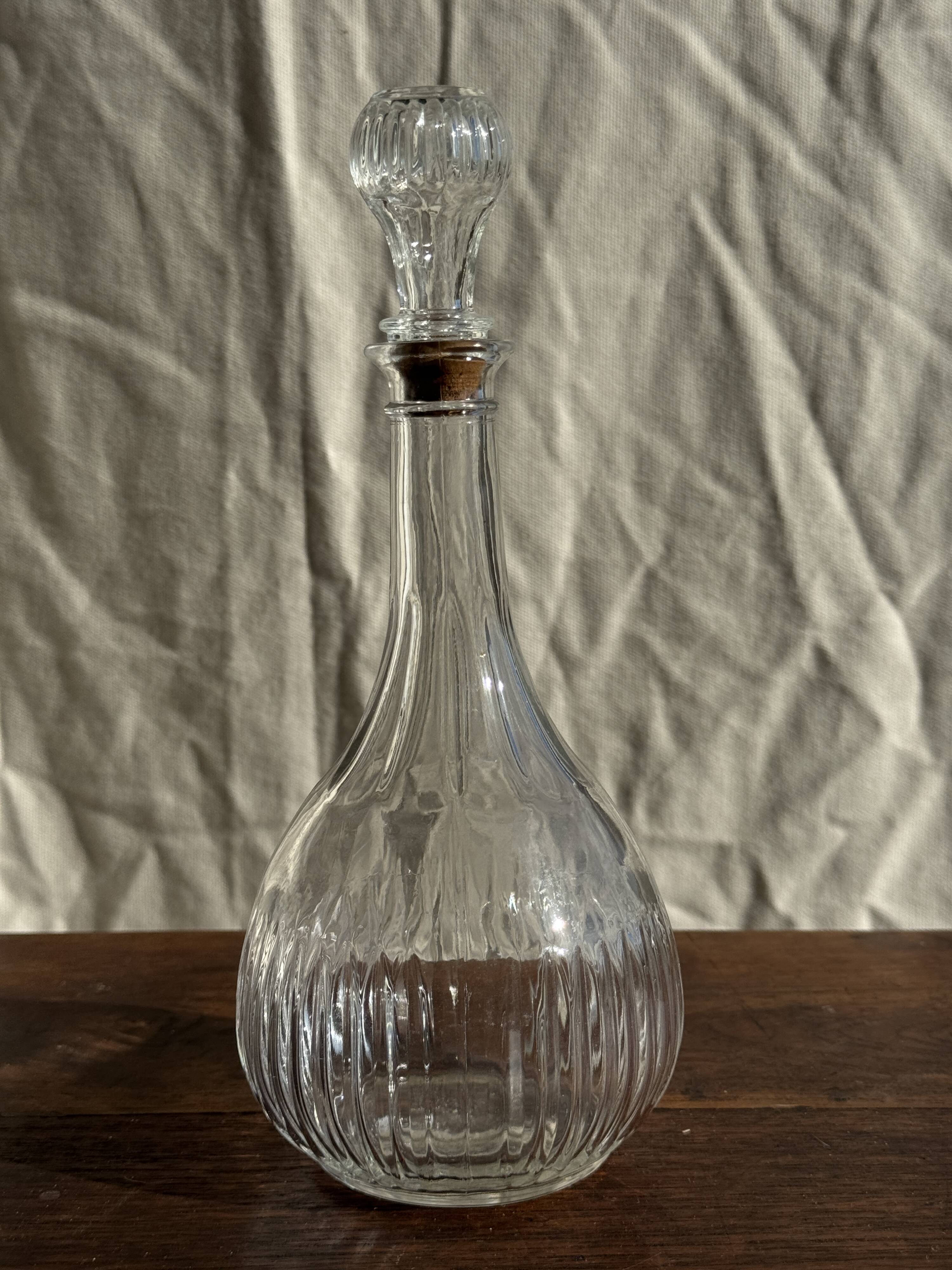 Vintage round-shaped glass carafe with cork stopper H27