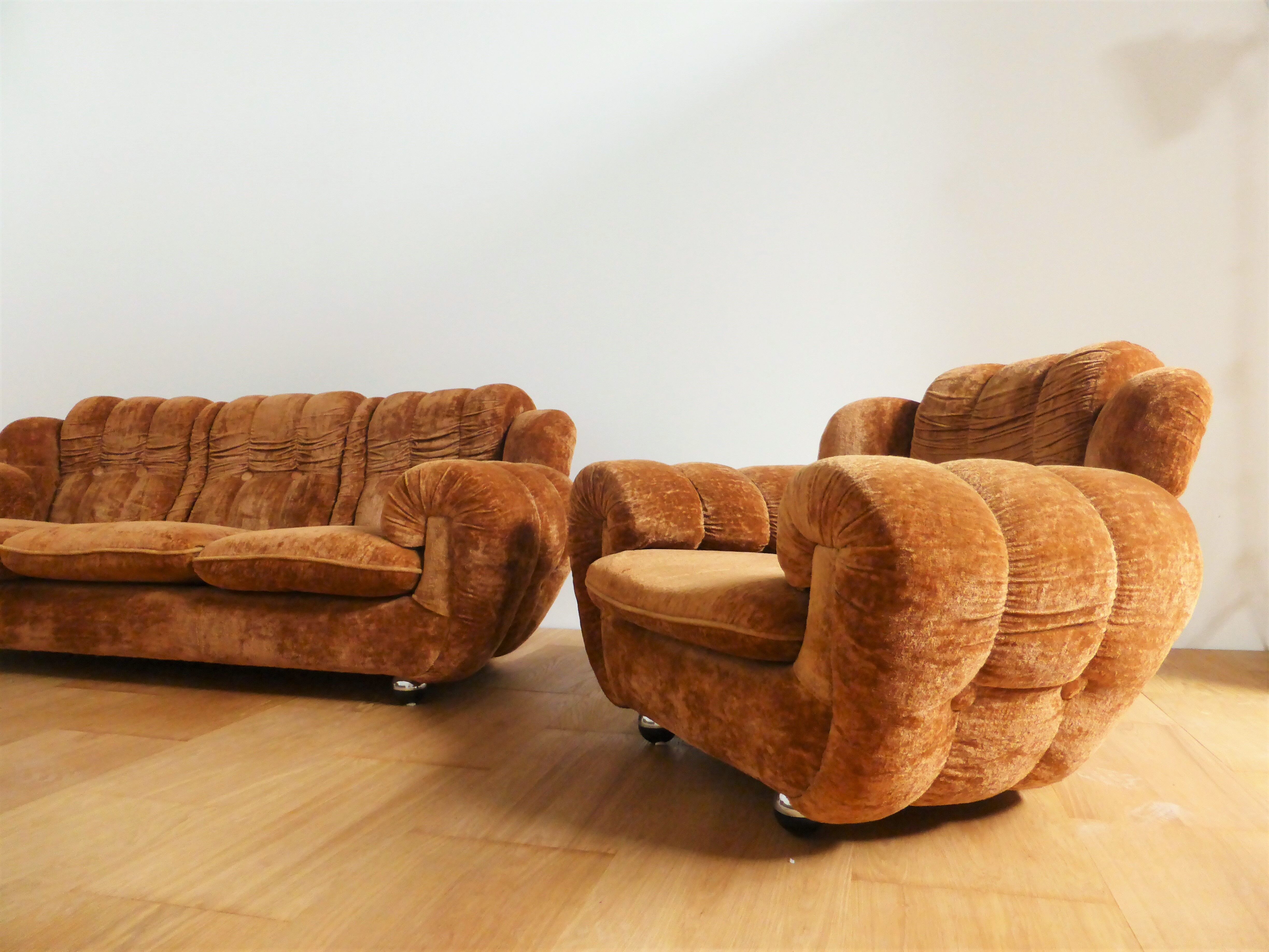 Velvet armchairs and sofa, 1970s, set of 3