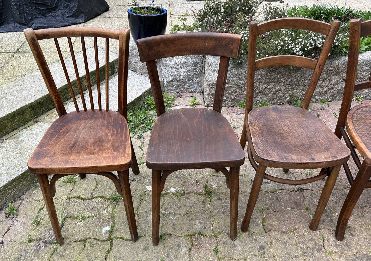 Set of 8 vintage bistro chairs, 50s, 60s, dark oak.