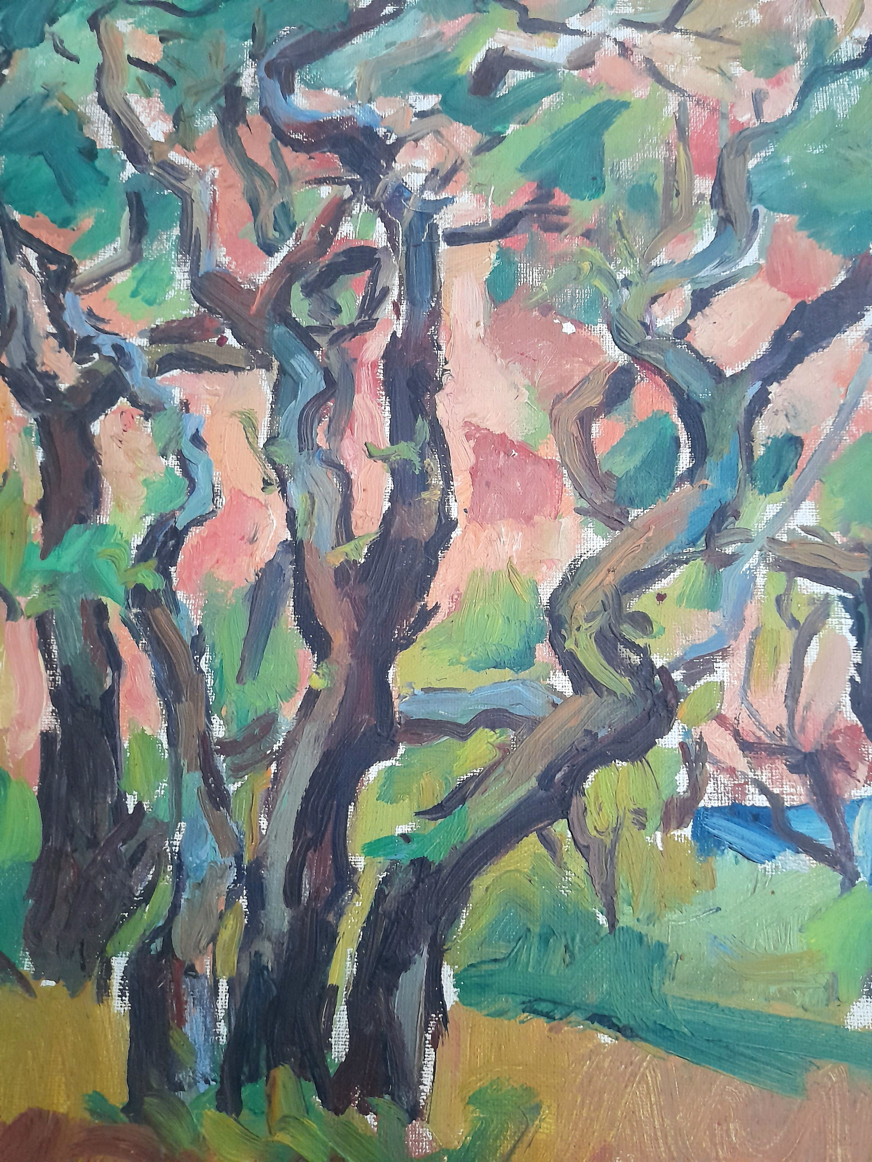 Oil on canvas scene of trees from the 1950s.