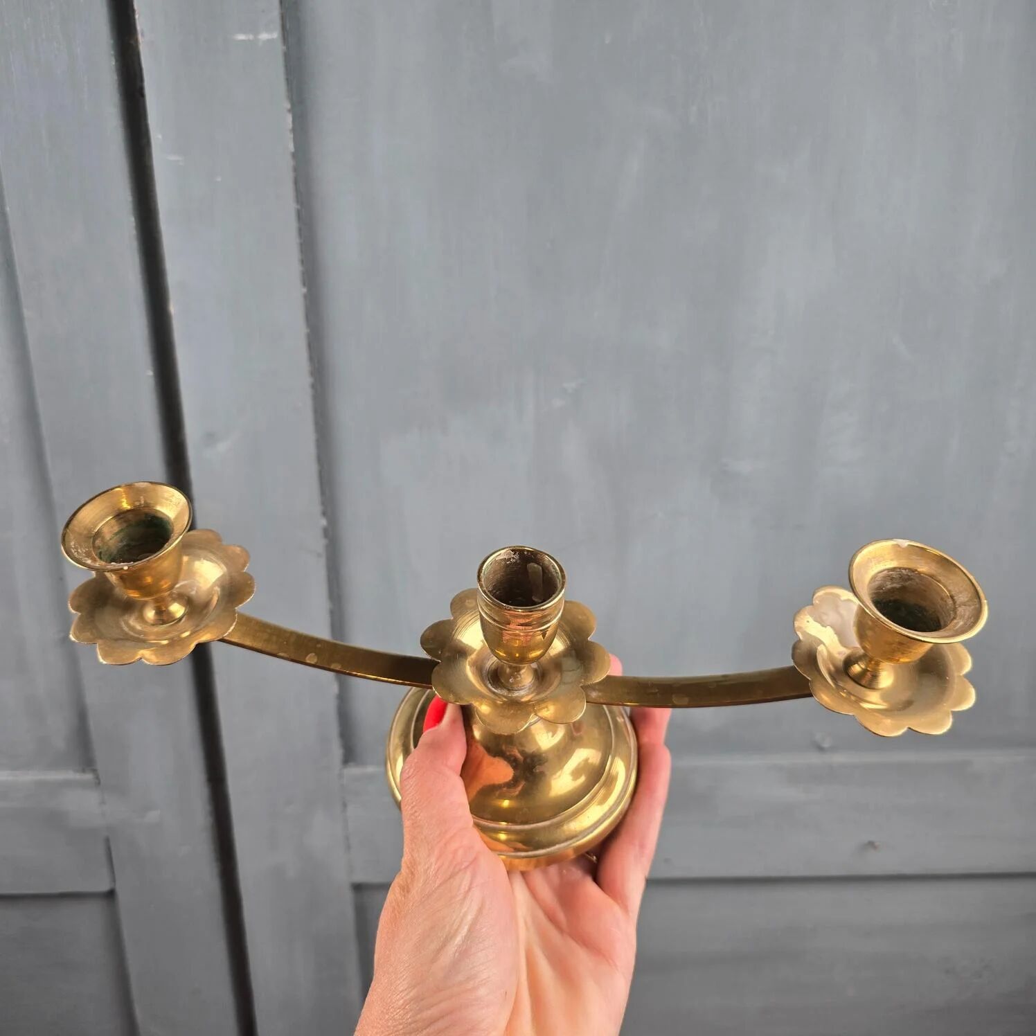 Vintage brass candle holder with 3 lights, flower drip trays, ideal for a centrepiece.