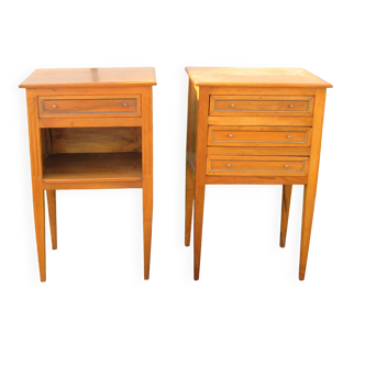 Nightstand in walnut, Louis XVI style, with brass inlay on the drawer.
