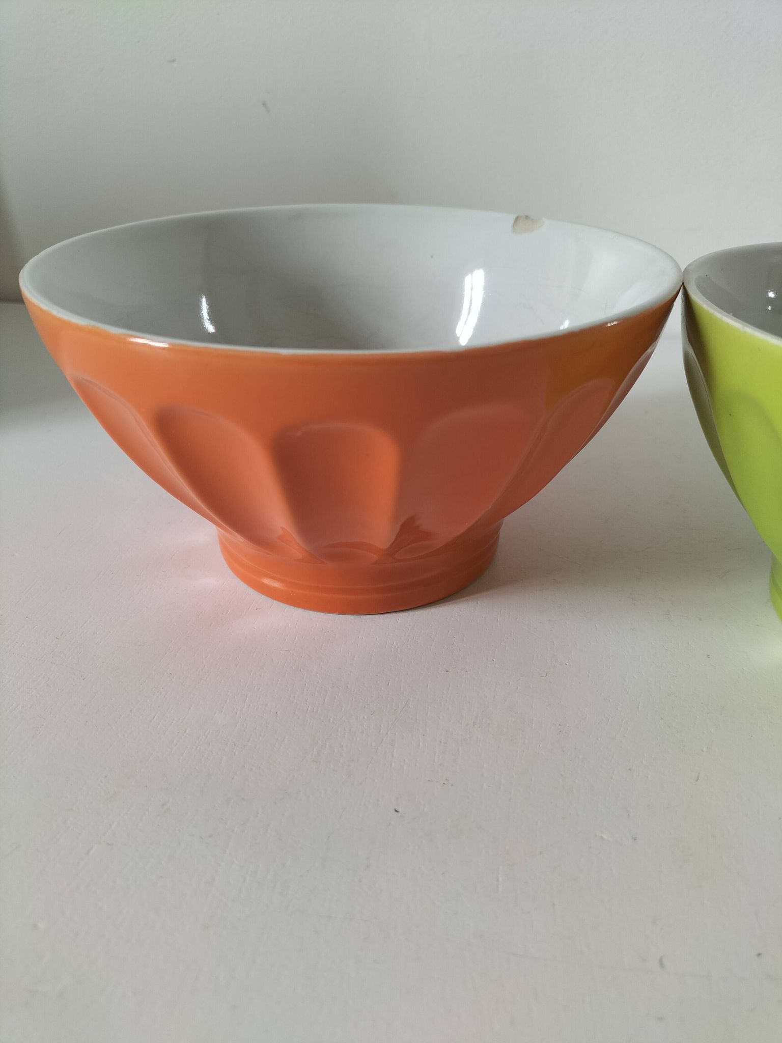 2 large vintage farm bowls in lime green and orange