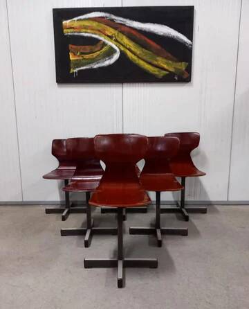 Set of 6 mid-century modern Pagholz chairs, moulded plywood seats, steel base, 1960s