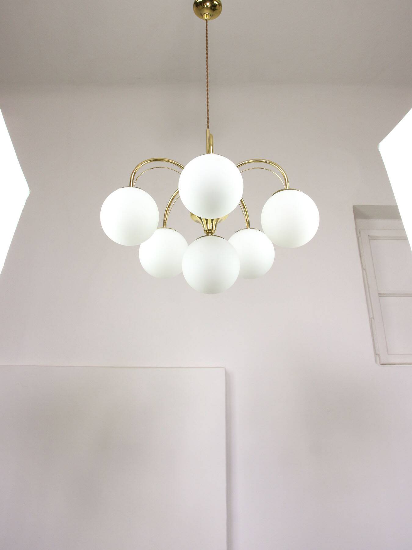 Vintage Golden & Opaline Glass 5-Arm Chandelier, 70s