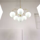 Vintage Golden & Opaline Glass 5-Arm Chandelier, 70s