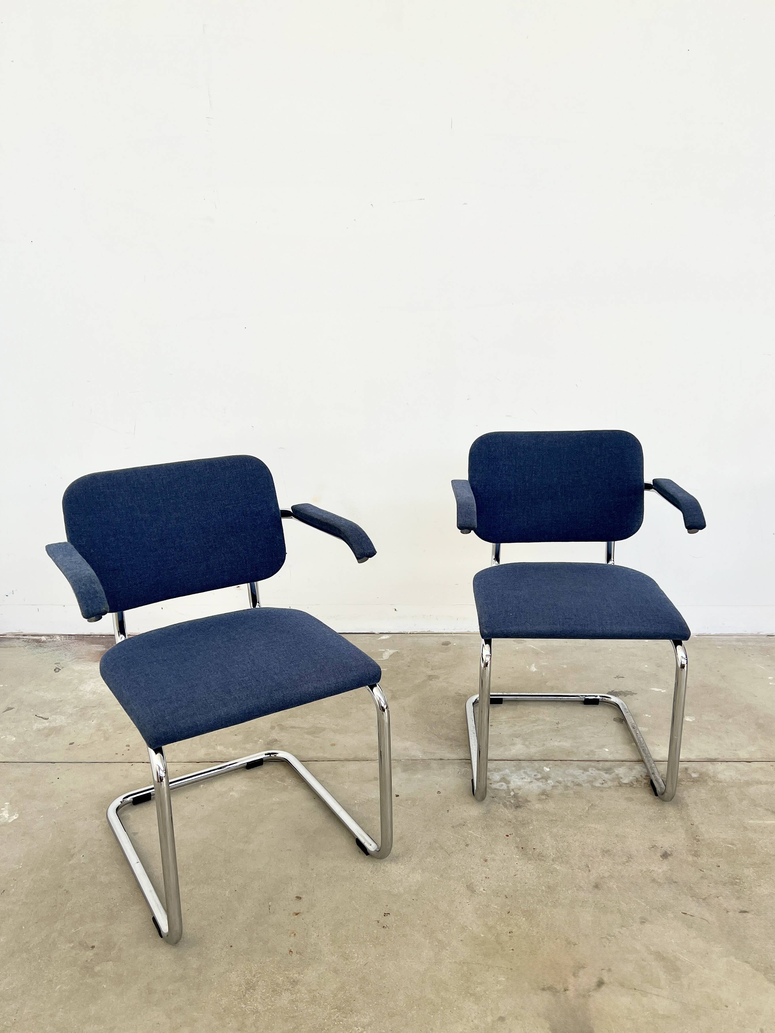 Pair of Marcel Breuer B64 Knoll armchairs in blue fabric.