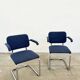 Pair of Marcel Breuer B64 Knoll armchairs in blue fabric.