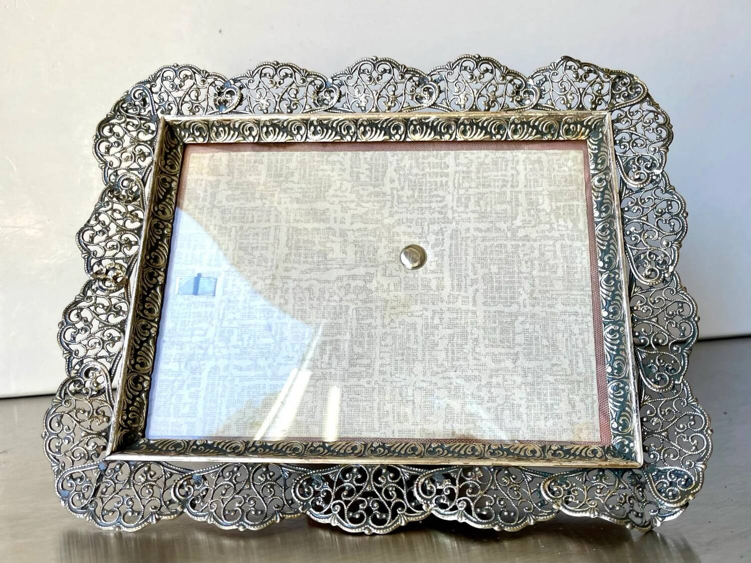 Vintage Metal frame silver plated Frame 16 cm x 13 cm CONVEX glass