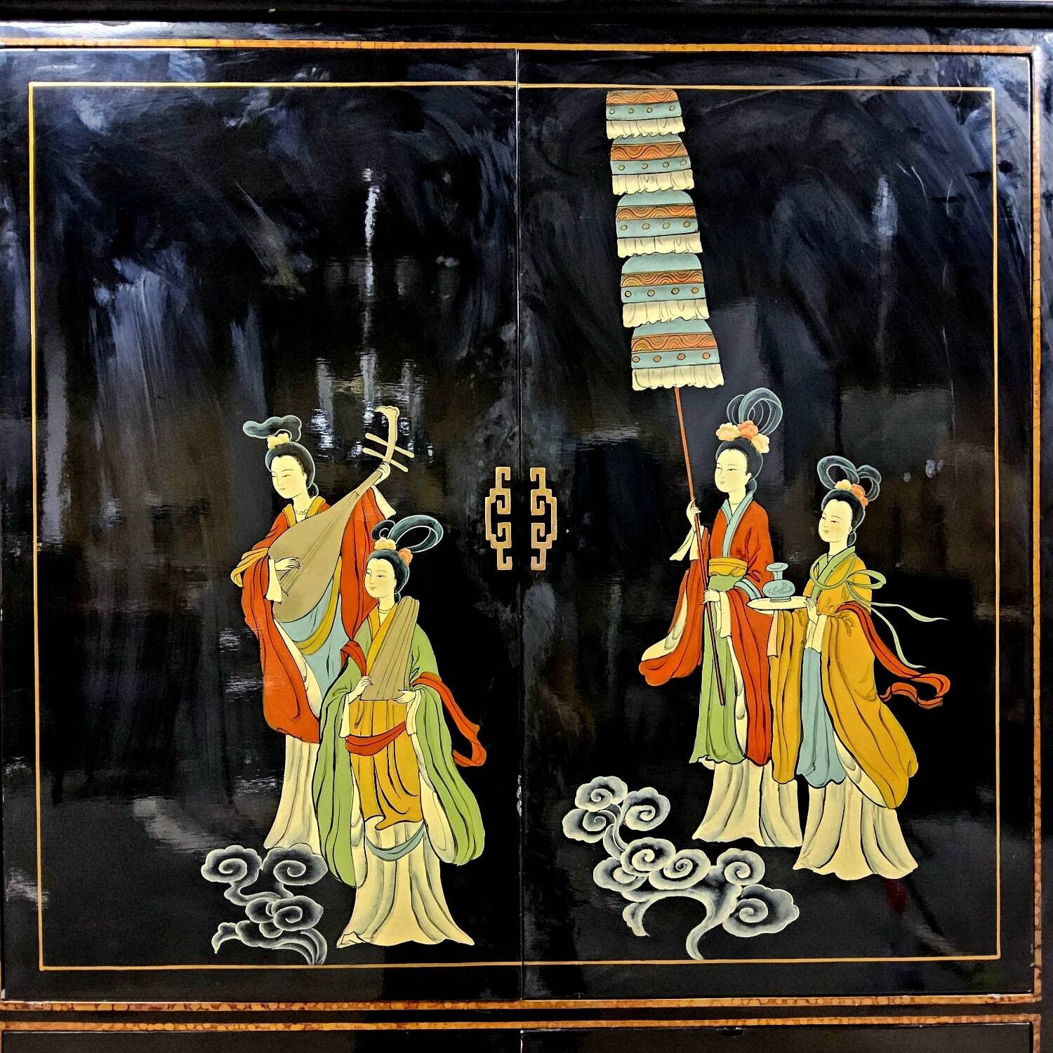 Vintage Chinese pagoda cabinet traditional scene (bohemian)