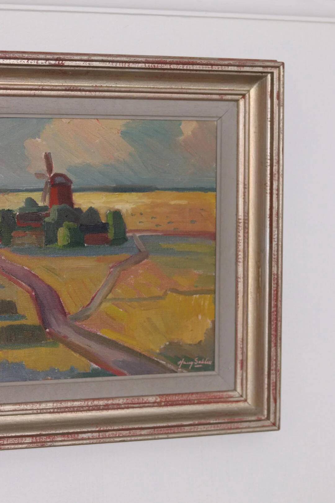 Huile sur toile originale suédoise – « Paysage avec moulin à vent » par Harry Sahlin