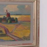 Huile sur toile originale suédoise – « Paysage avec moulin à vent » par Harry Sahlin