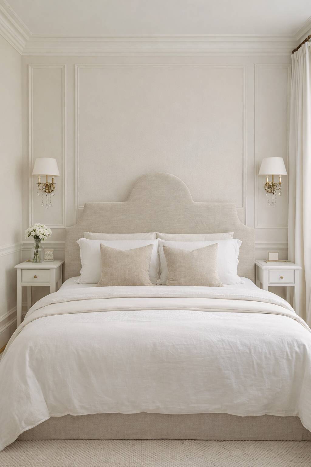 Headboard of 160 completely reupholstered in an ecru boucle fabric.
