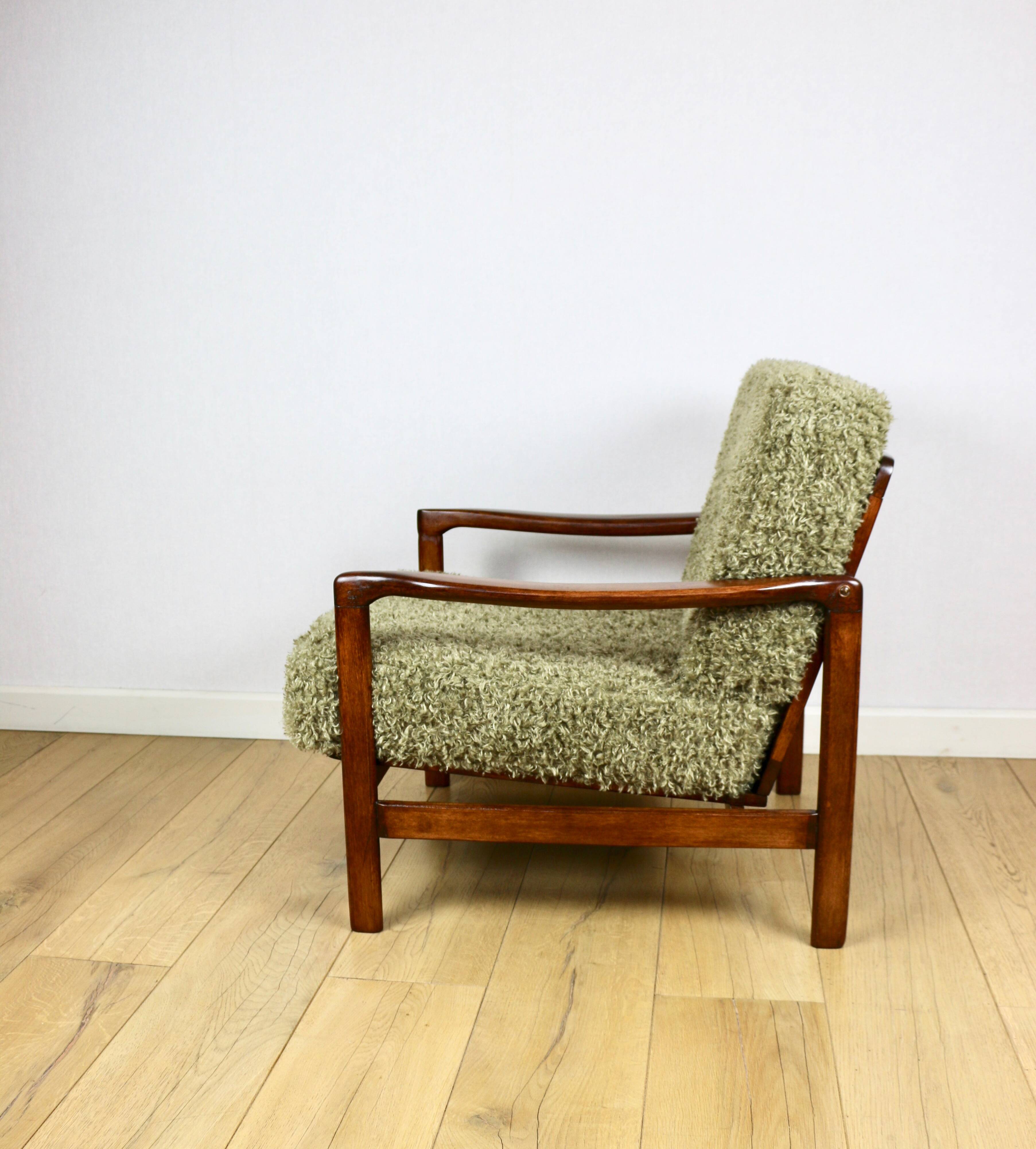 Wooden vintage brown armchair, olive green long hair, design by Z. Bączyk - 2 pieces available