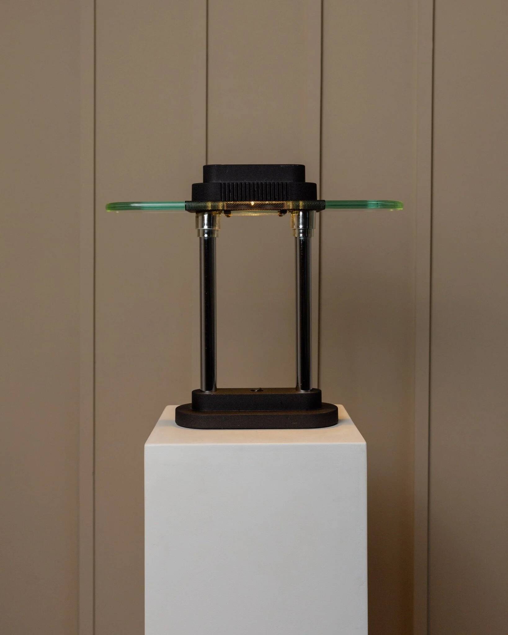 Vintage black metal and glass table lamp Bankers by Robert Sonneman for Georges Kovacs, Memphis Design 1980s