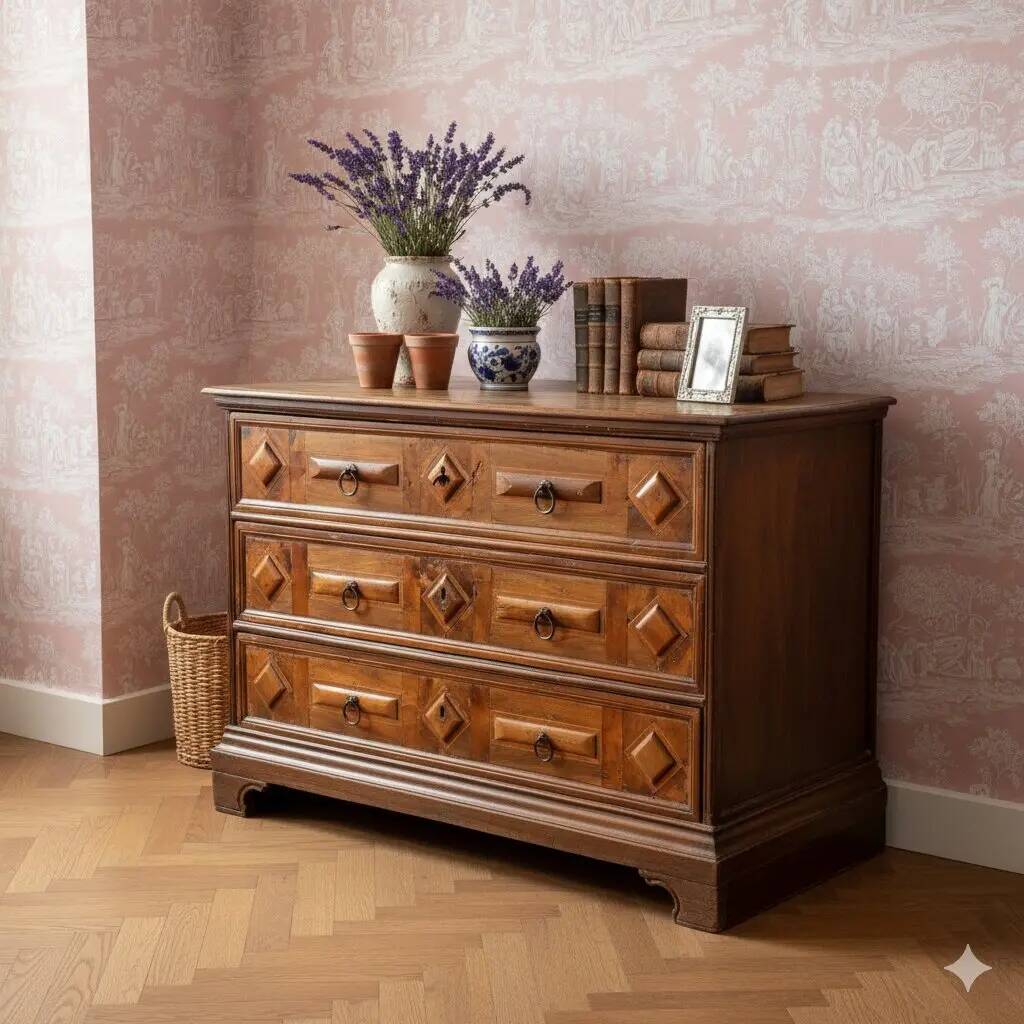 Commode ancienne baroque en noyer à 3 tiroirs, XVIIIe siècle