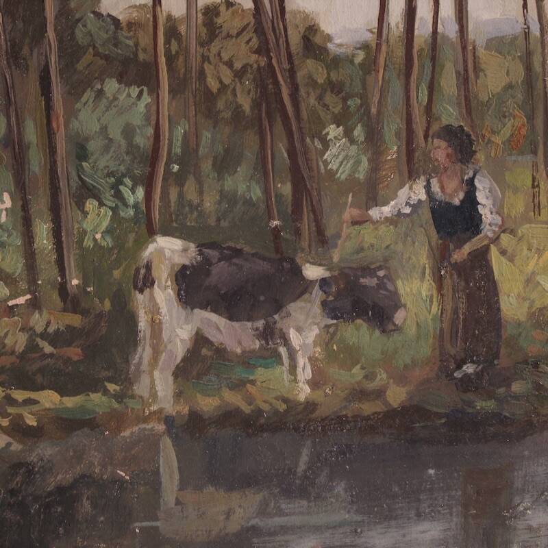 Bucolic landscape painting signed Giron from 20th century