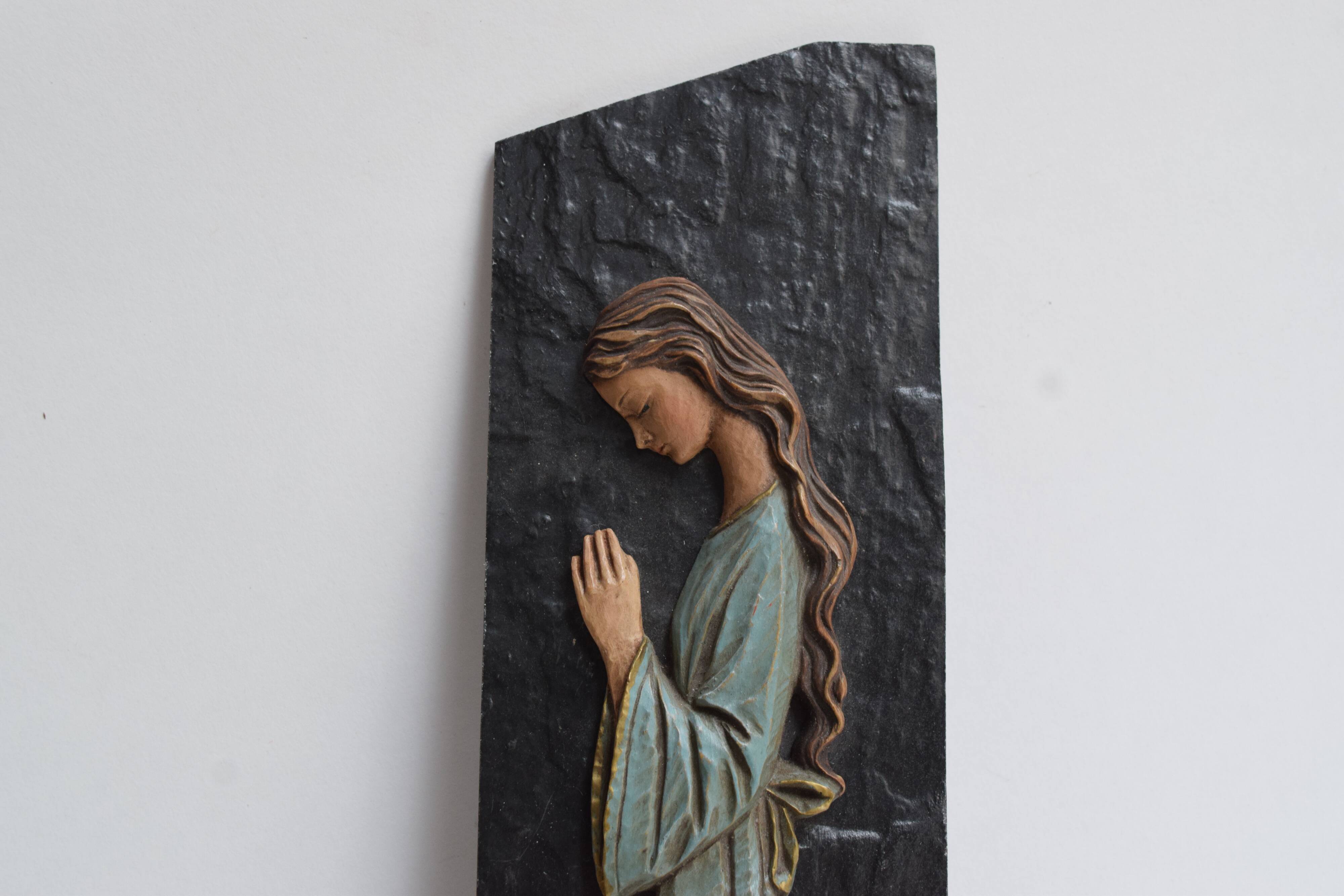 Religious slate wall plaque - hand-painted carved wood overprint - 1970