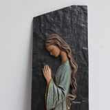 Religious slate wall plaque - hand-painted carved wood overprint - 1970