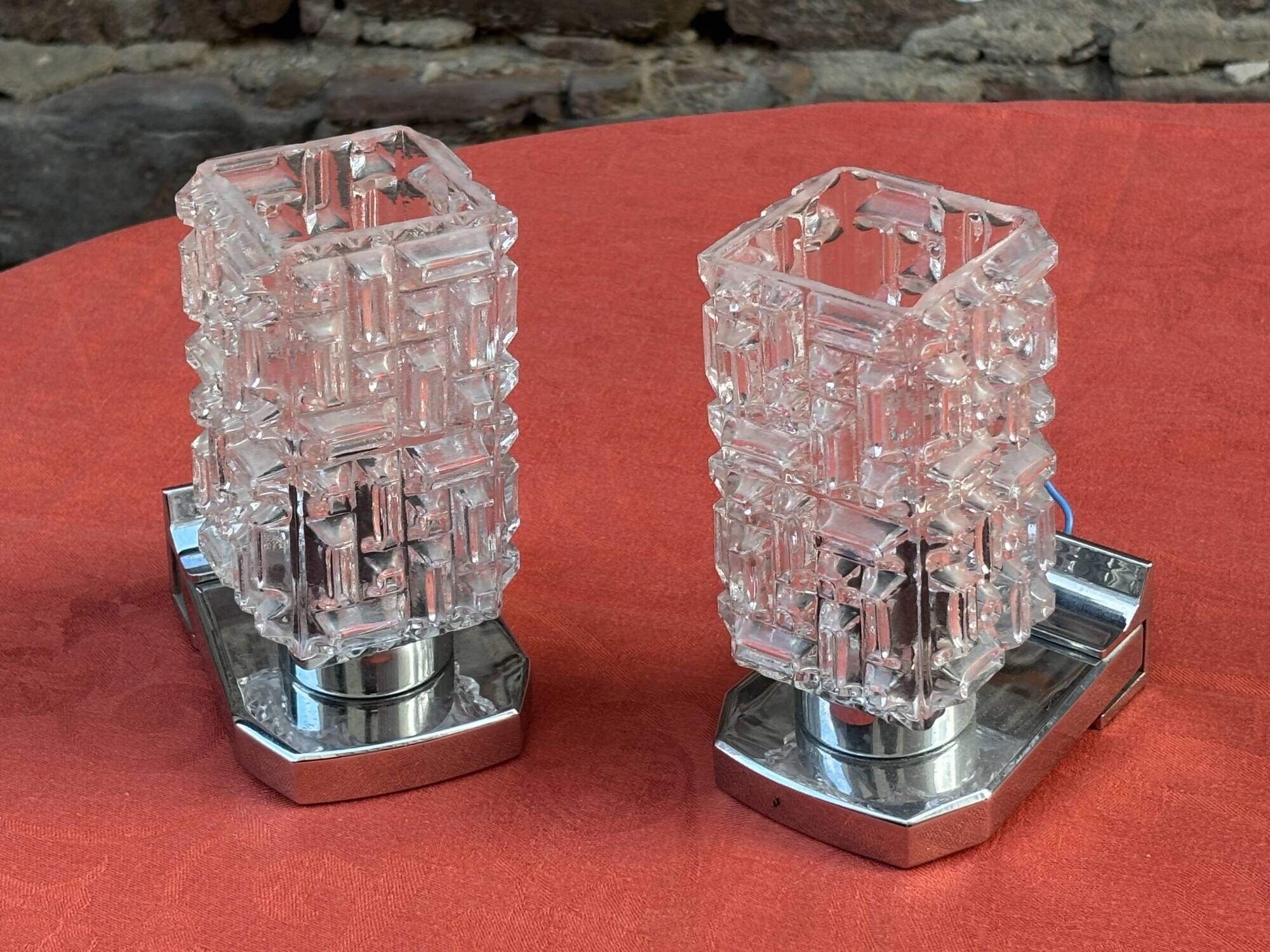 Pair of Vintage Mid-century Wall Sconces 1960s Chrome and Glass