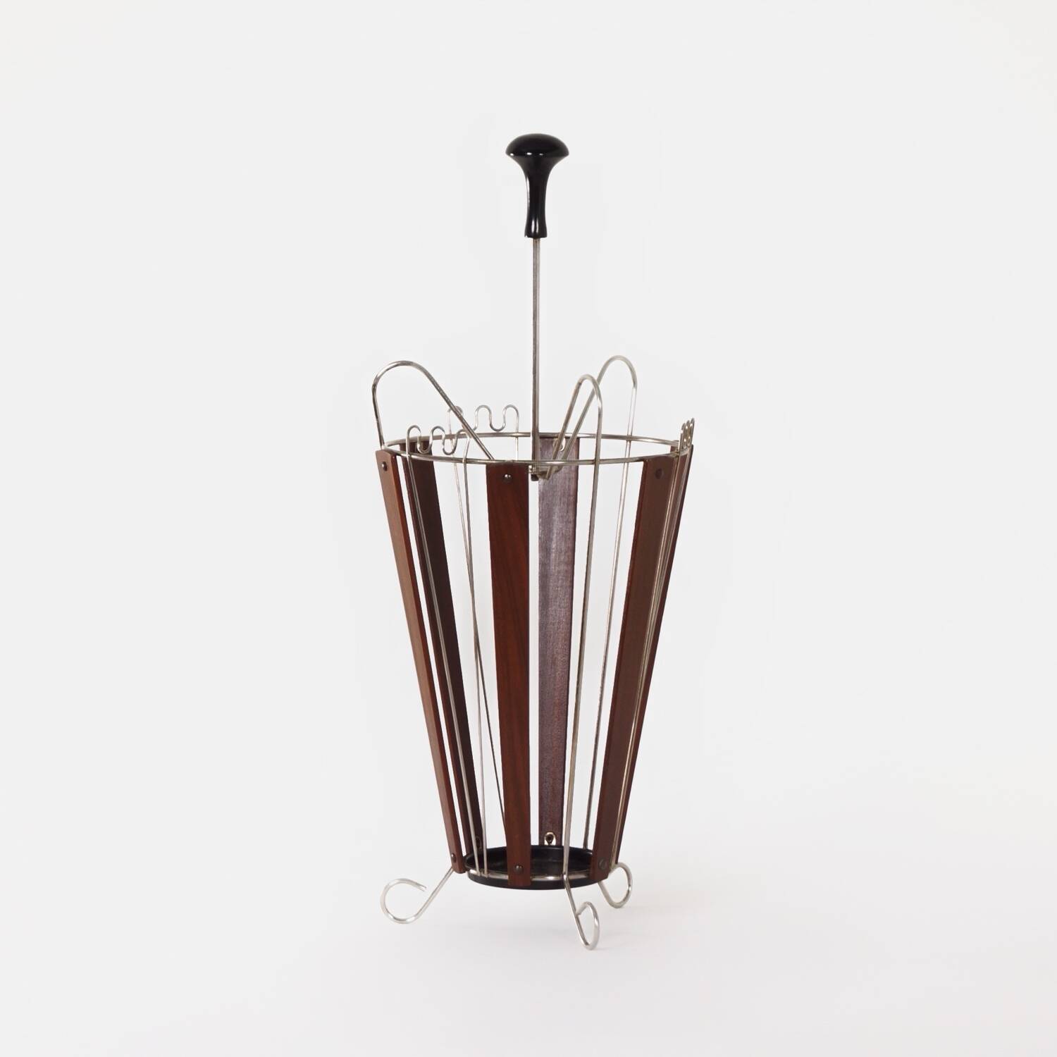 Vintage Teak and Curved Metal Umbrella Stand, 1950s