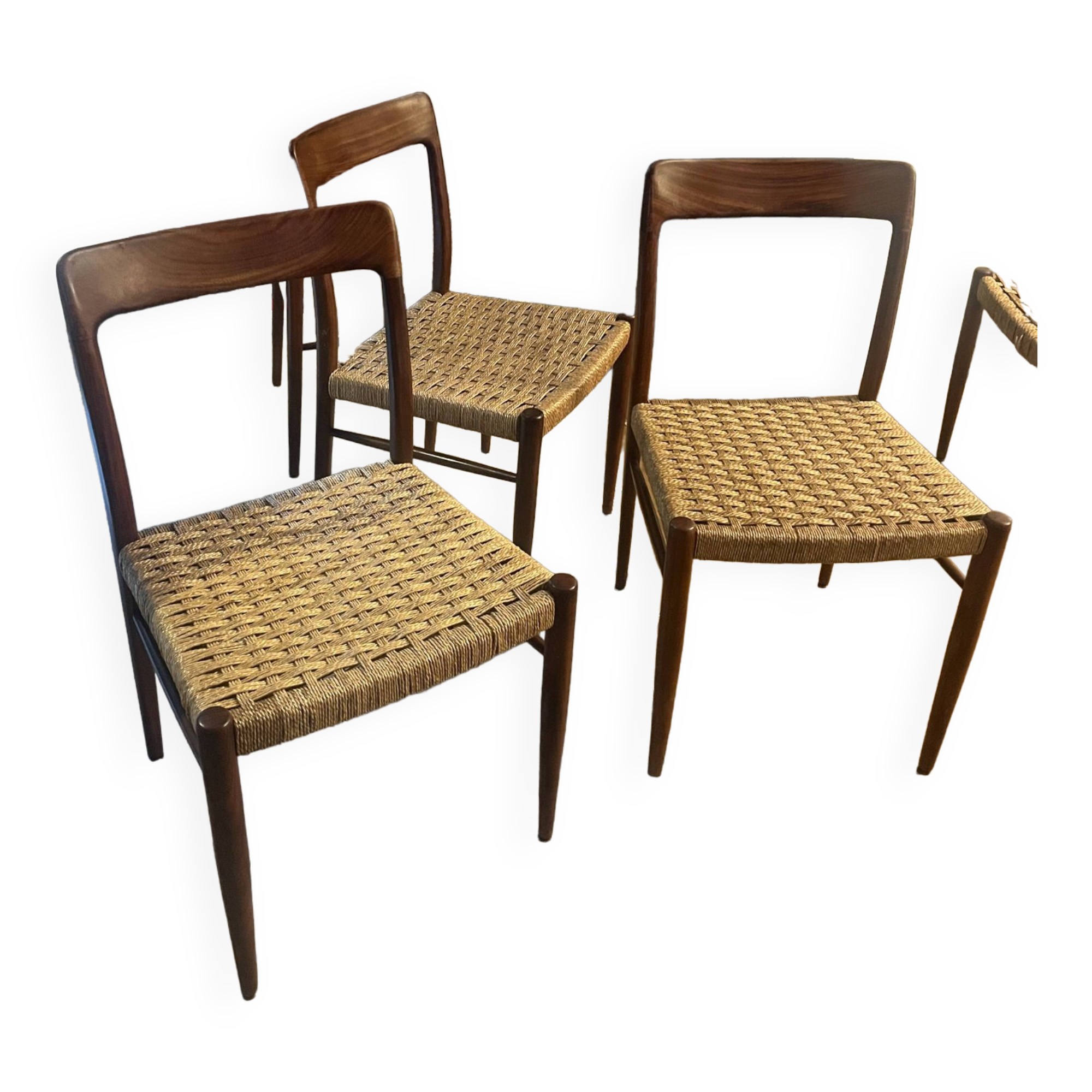 Set of 4 teak and rope chairs from the 60s