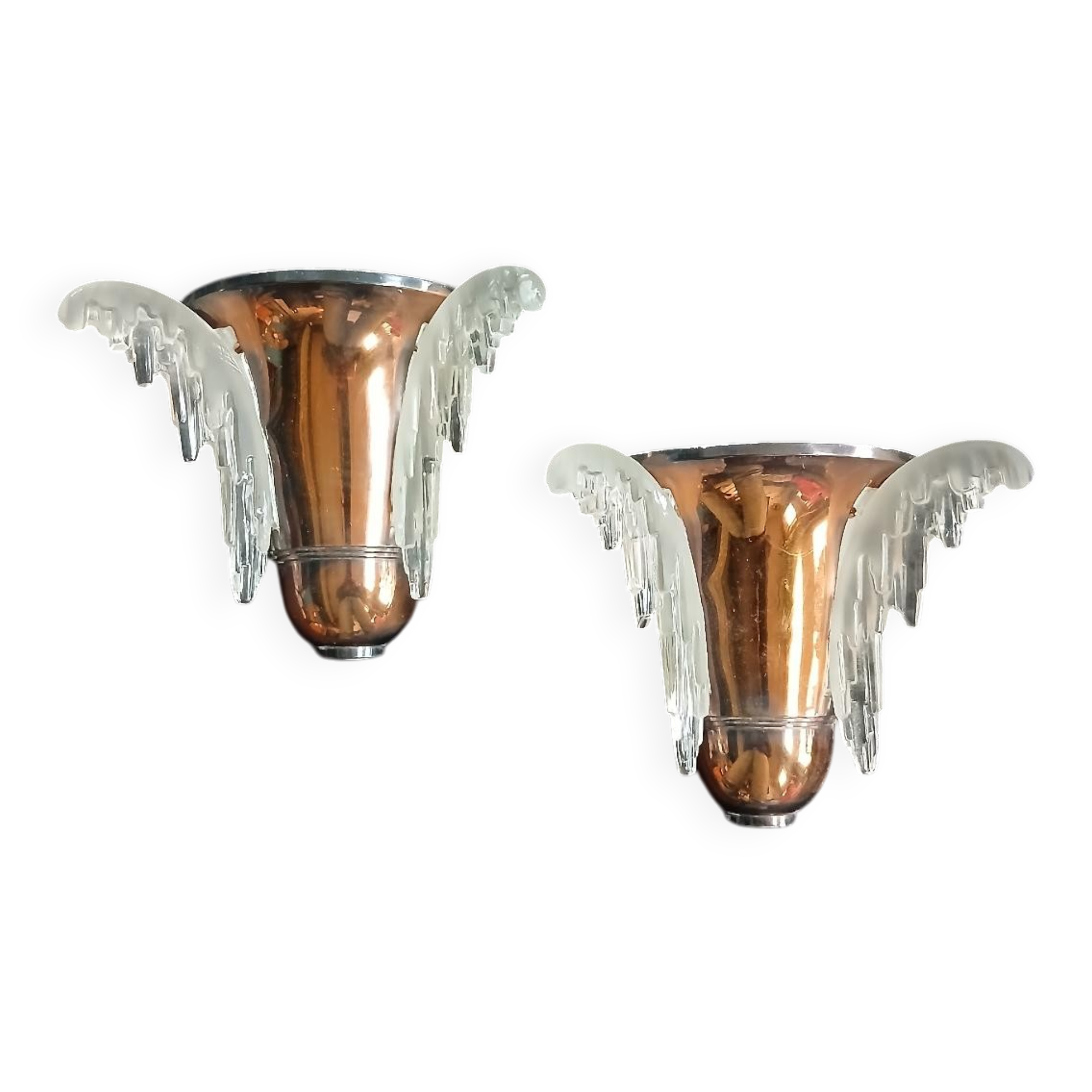 Exceptional pair of art deco wall lights by ezan france & copper metal