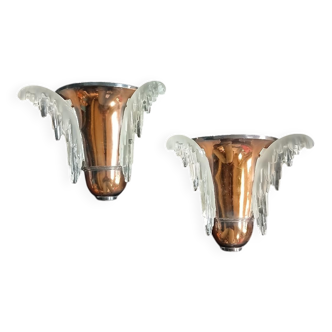 Exceptional pair of art deco wall lights by ezan france & copper metal