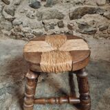Vintage beechwood stool with straw seat – France, 1950s