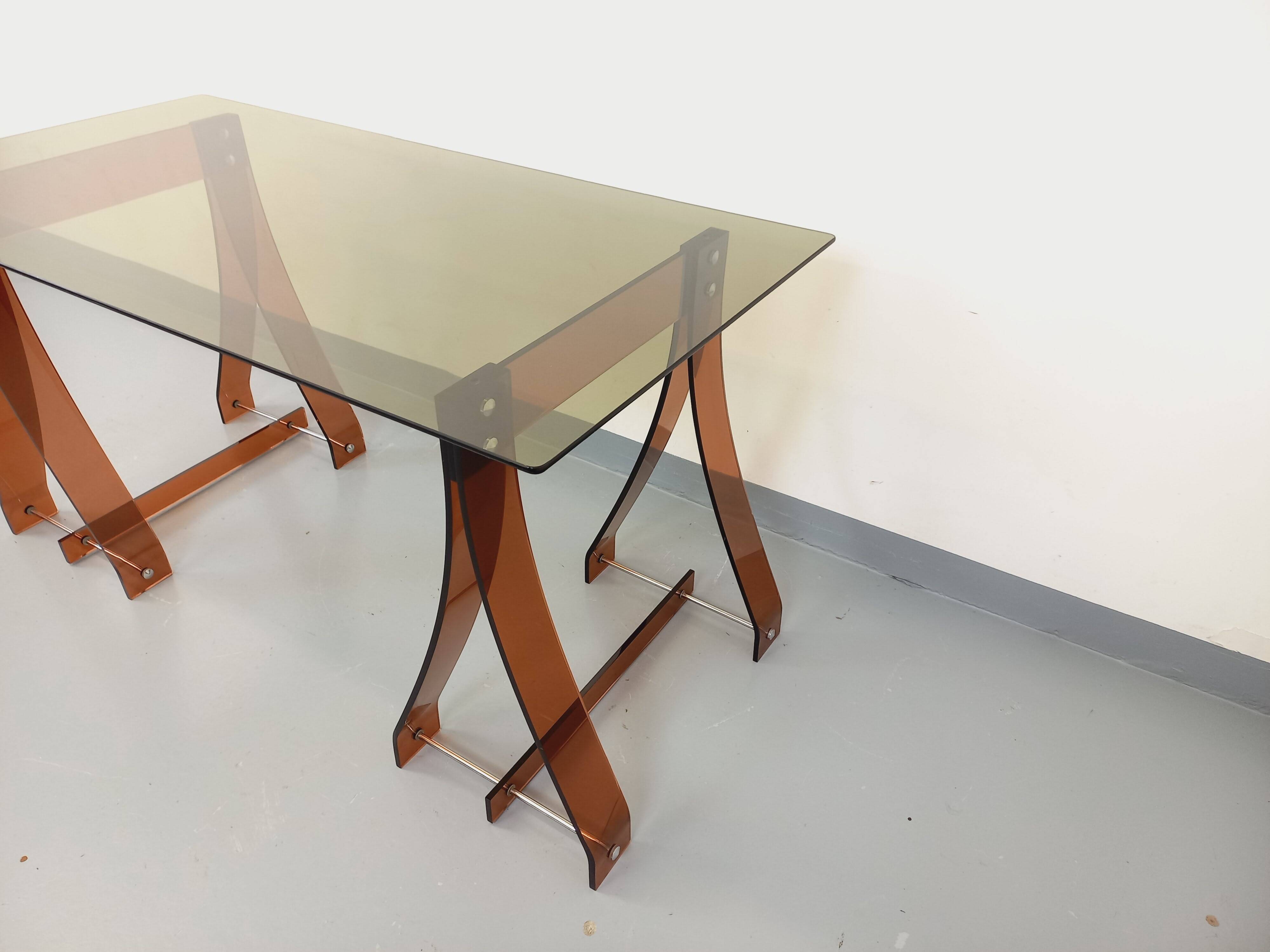 Vintage Marcello Gacita and Pierre Tiberi desk in smoked glass and plexiglass