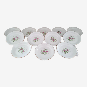 Lot de 12 assiettes creuses en porcelaine de Gien France modèle pompadour