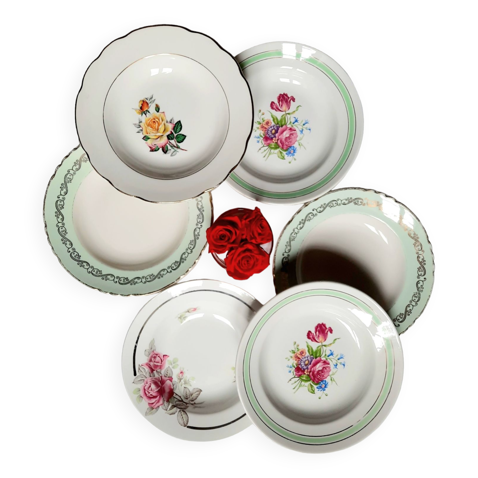 Old hollow plates mismatched in earthenware