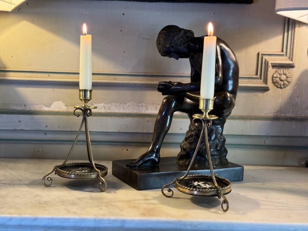 Pair of bronze candlesticks with pietra dura, marble marquetry, circa 1900.
