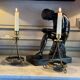 Pair of bronze candlesticks with pietra dura, marble marquetry, circa 1900.