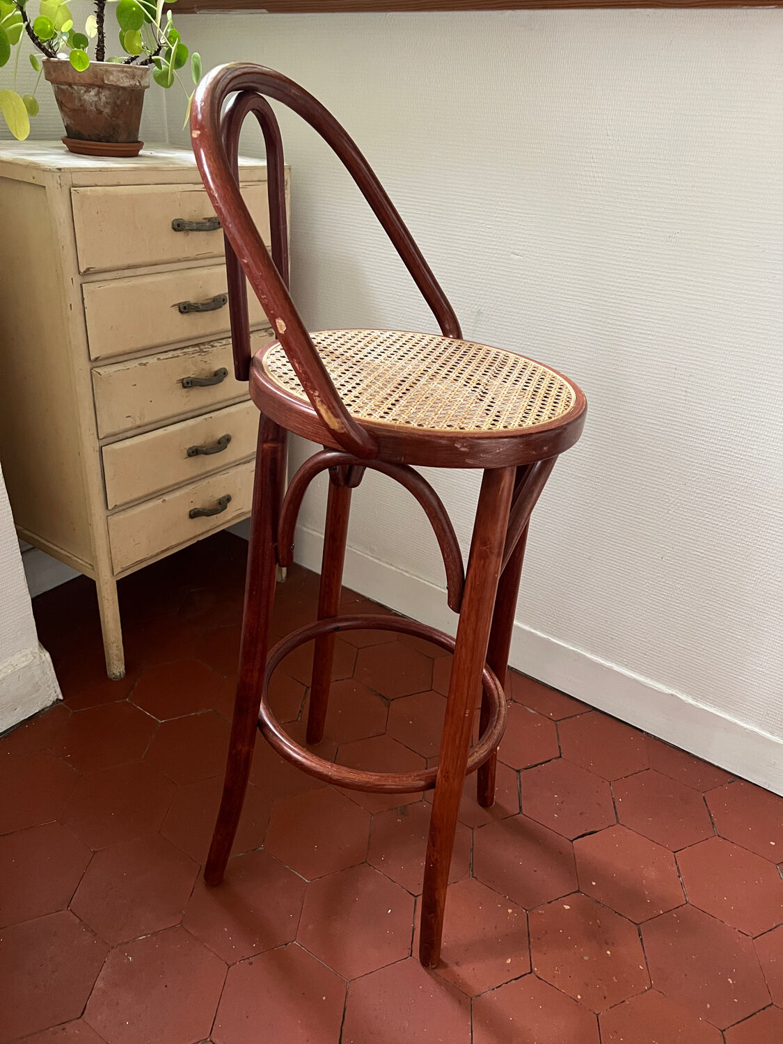 Wooden and wicker bar stool
