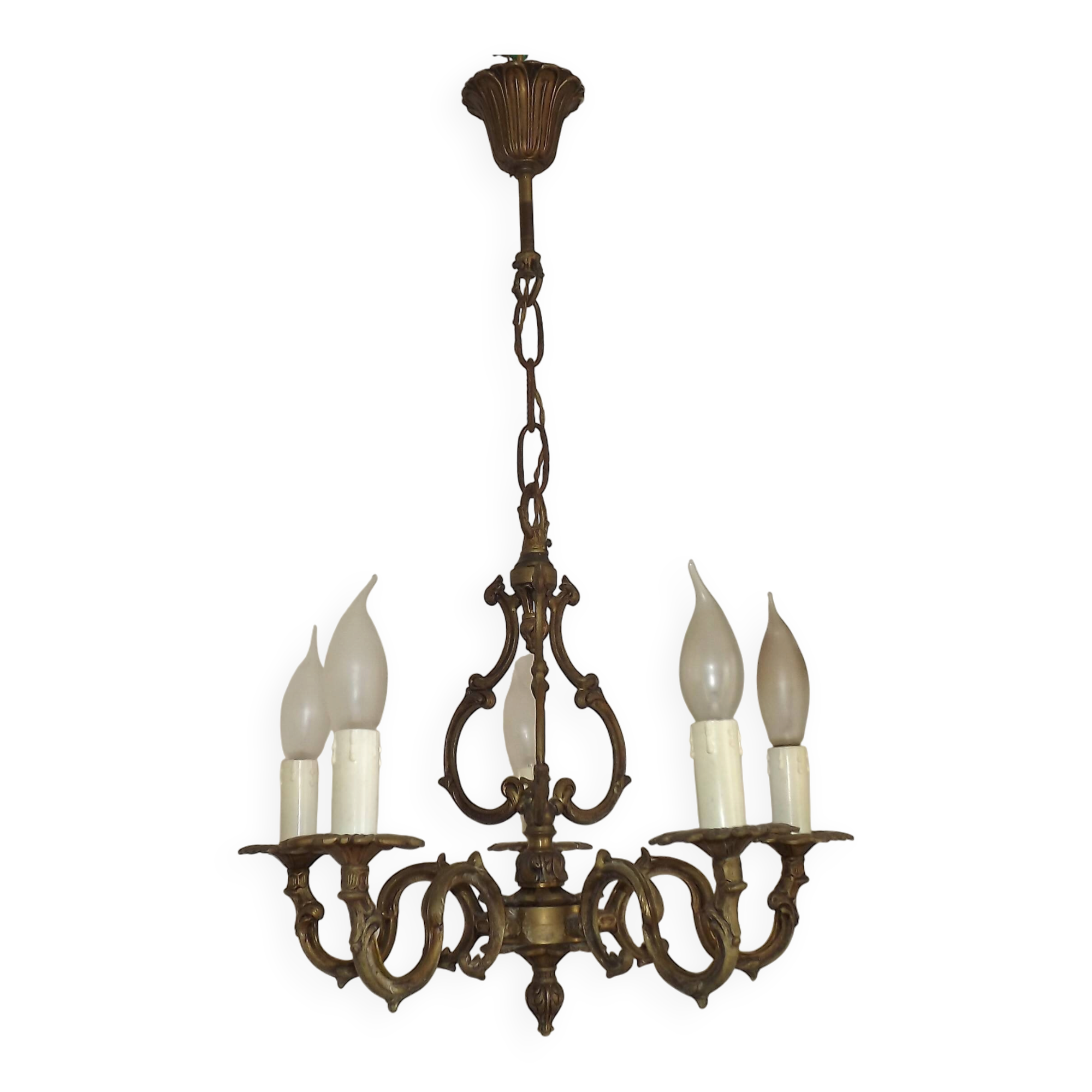 Elegant French Antique Bronze 5 Light 3 Sided Cage Style Chandelier
