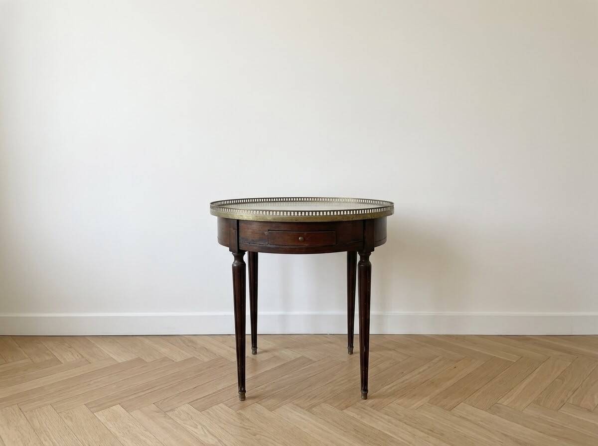 Empire round side table in wood and marble with brass gallery