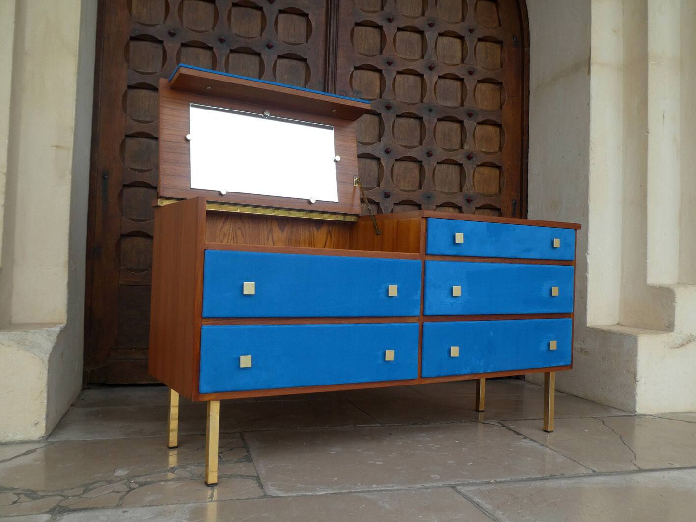 Teak and suede chest of drawers/dressing table, 1950