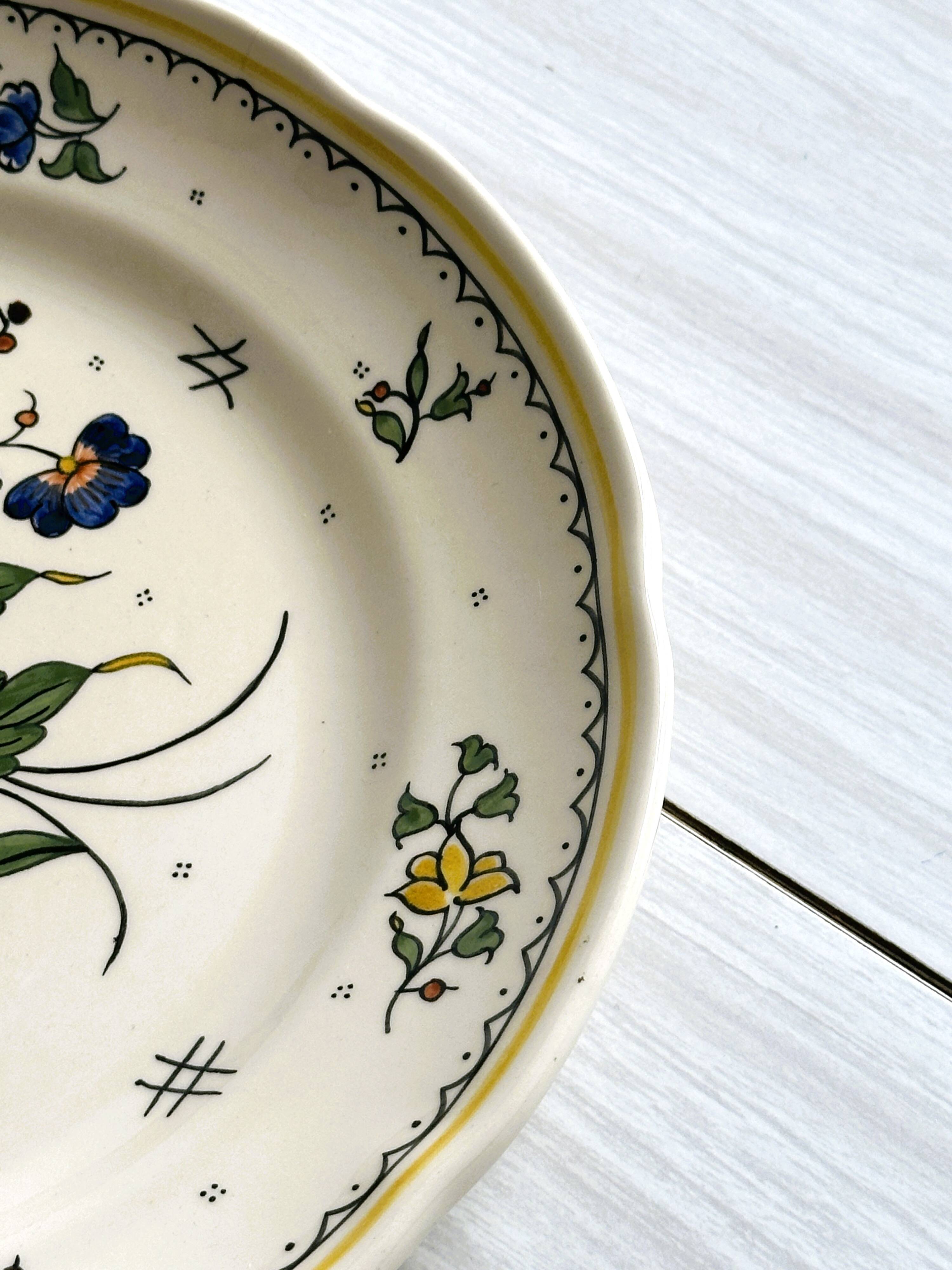 Earthenware plate, hand-painted floral and bird motif