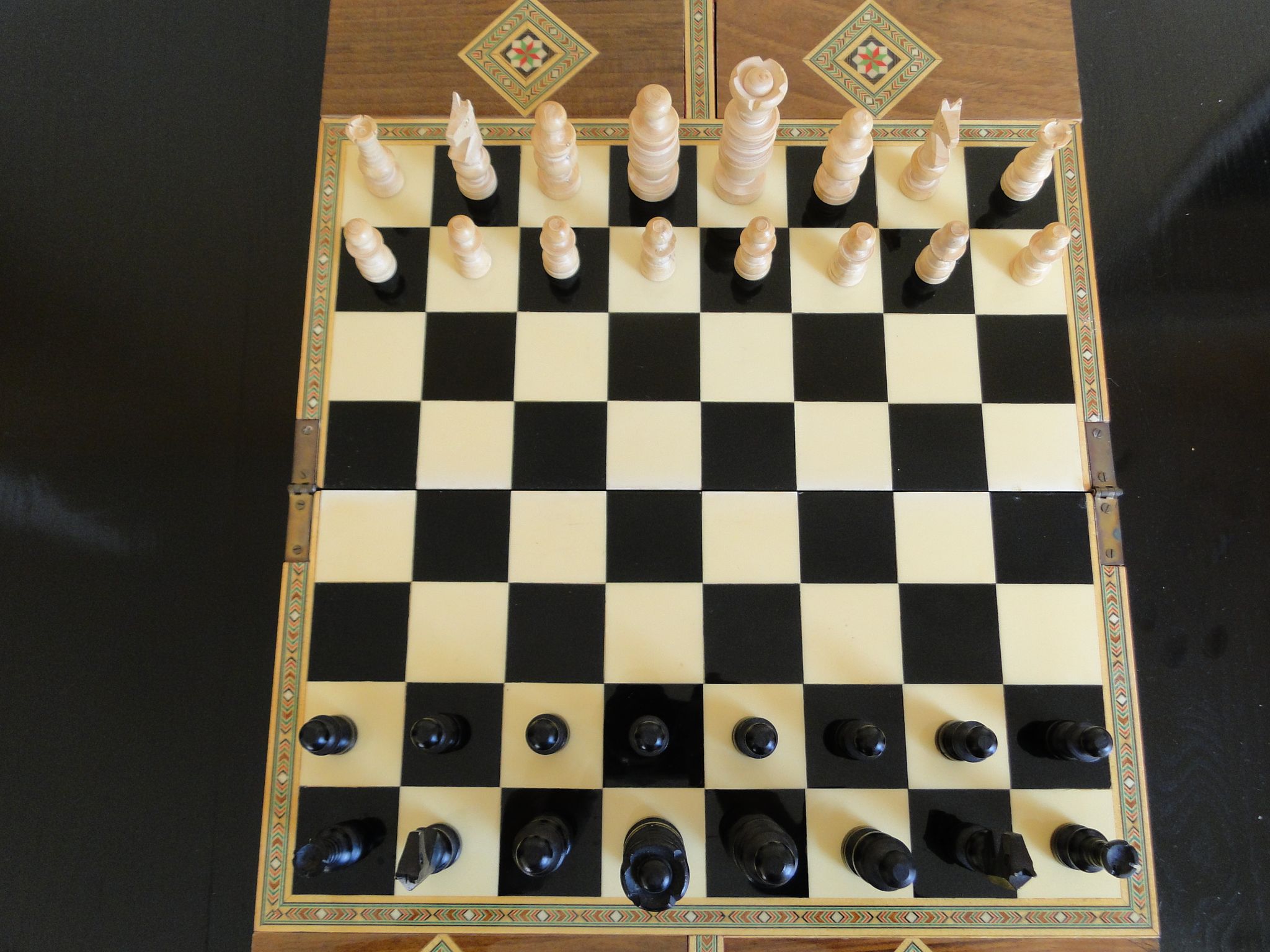 Vintage syrian chess board box wooden mosaic inlaid marquetry