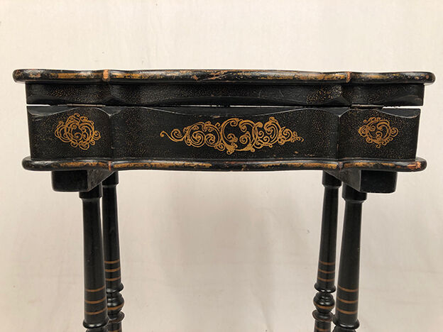 Small table with Napoleon III work, wood and boiled cardboard decorated with flowers painted with flowers