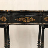 Small table with Napoleon III work, wood and boiled cardboard decorated with flowers painted with flowers