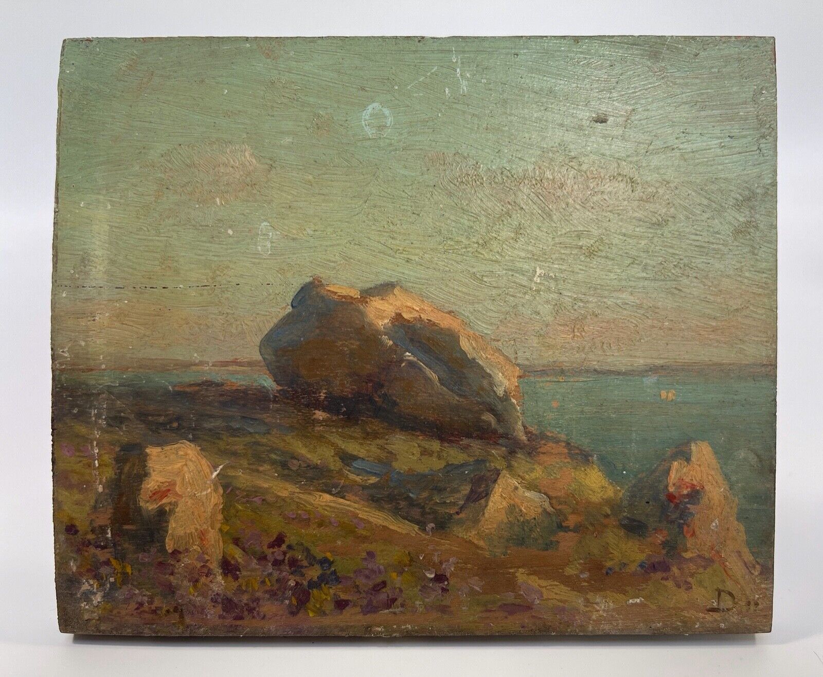 Oil on wood panel marine theme XlXth view of brittany