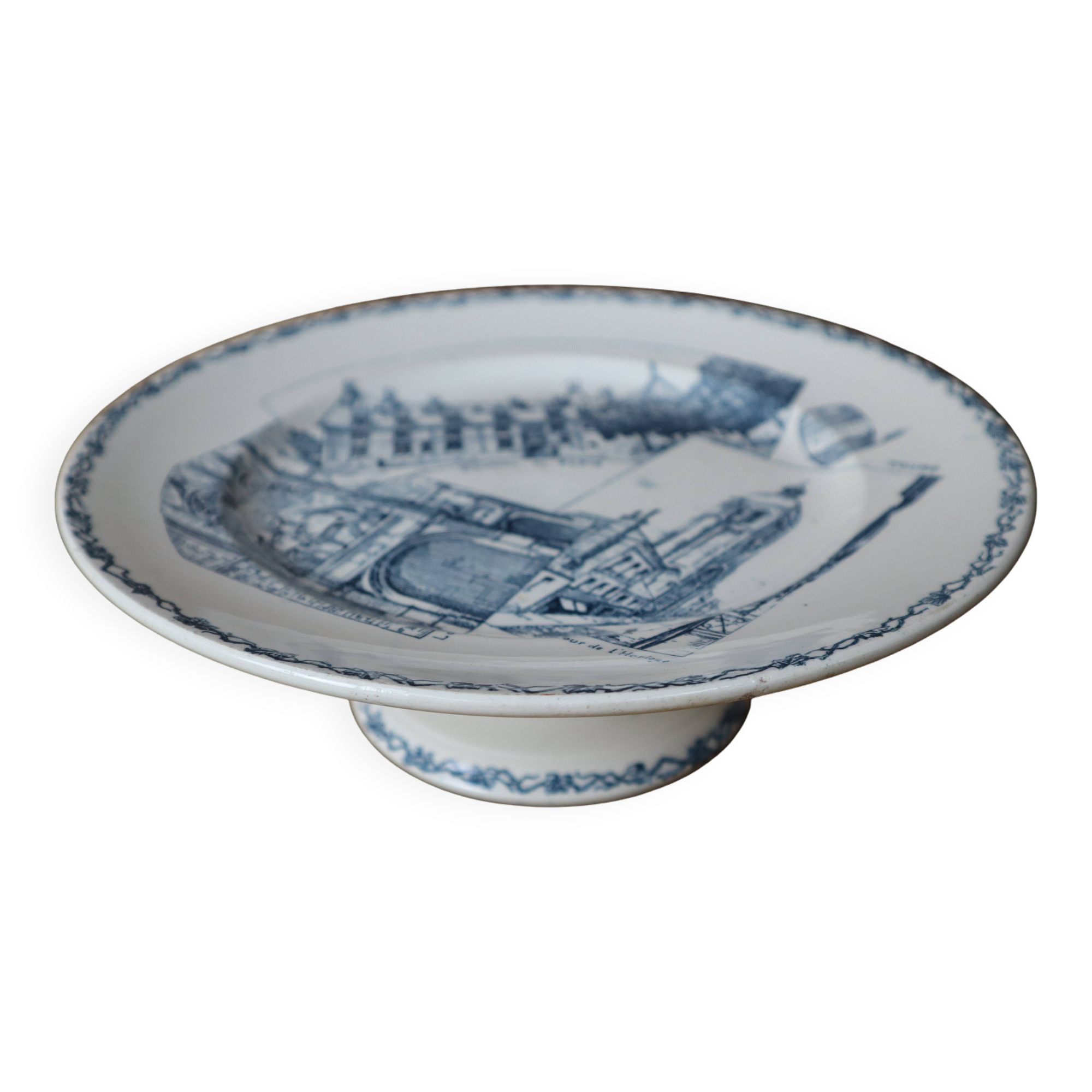 Plat compotier faïence décor bleu "Tours" Terre de Fer KetG Lunéville