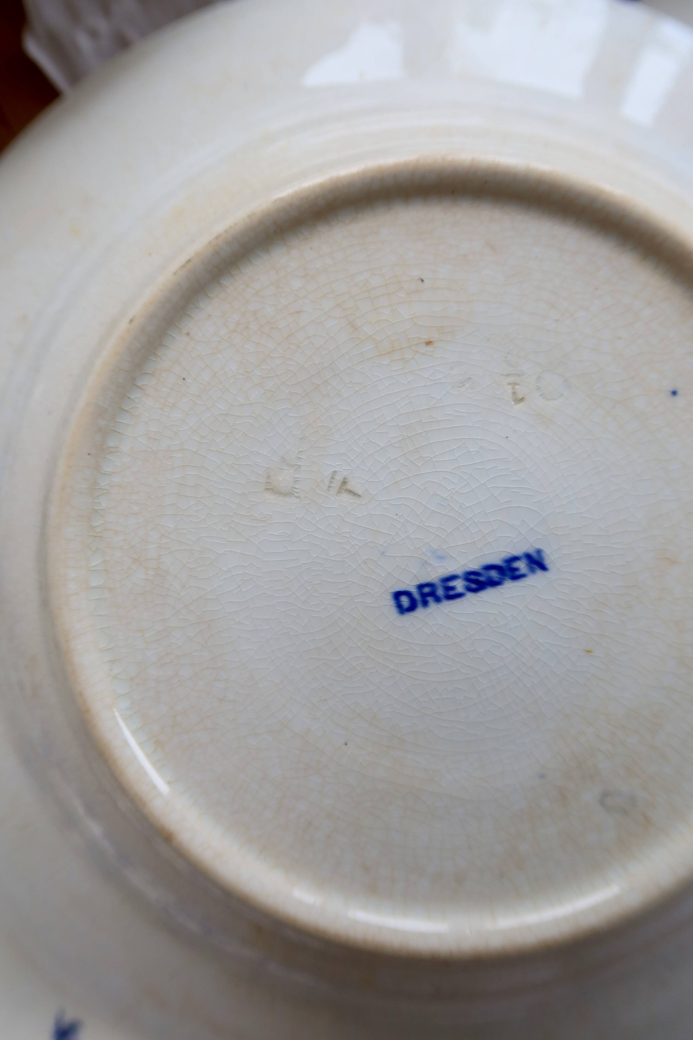 6 antique deep plates, blue and white Dresden porcelain
