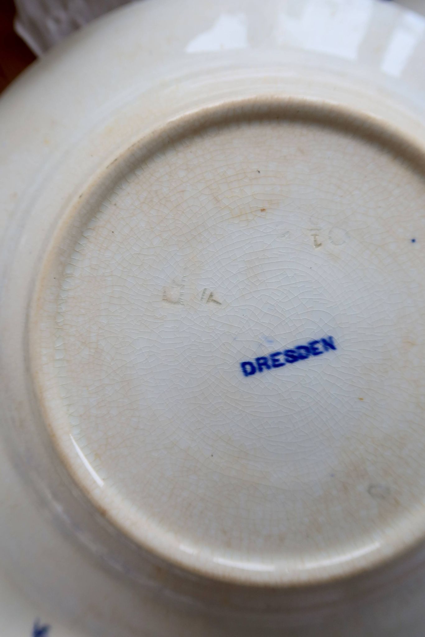 6 antique deep plates, blue and white Dresden porcelain