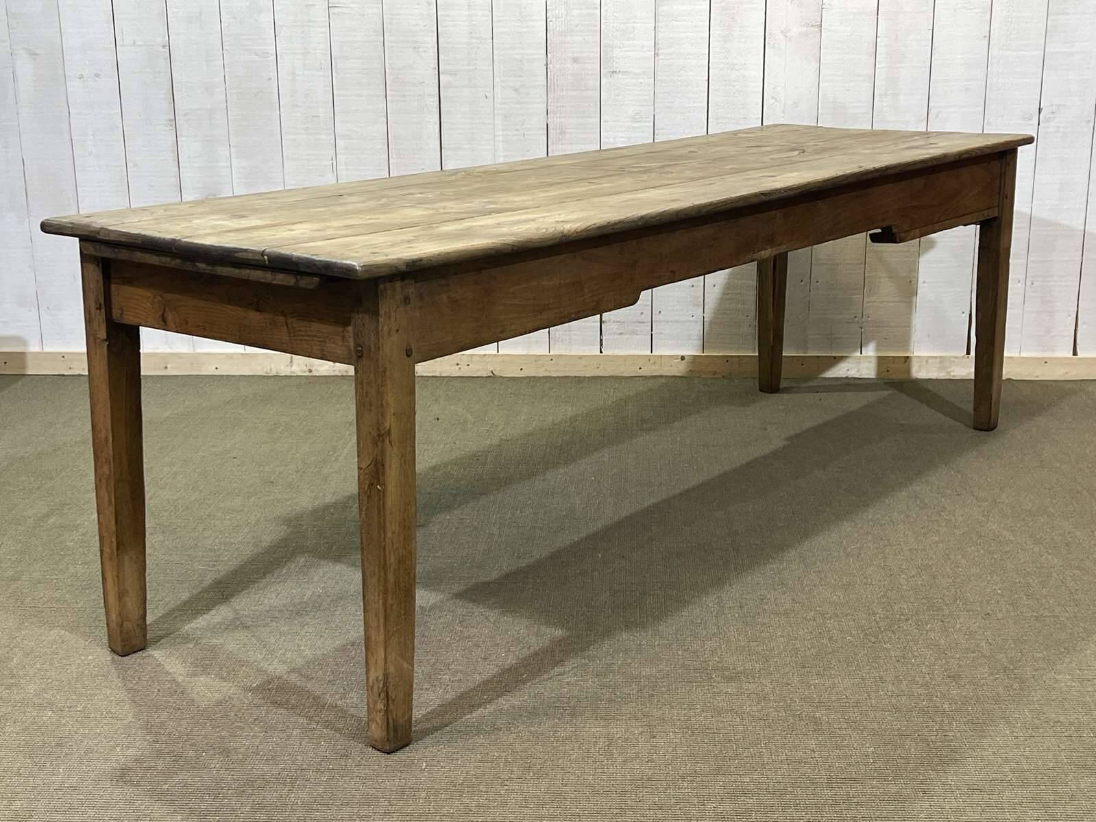 19th century farmhouse table in raw chestnut with original drawer and shelf