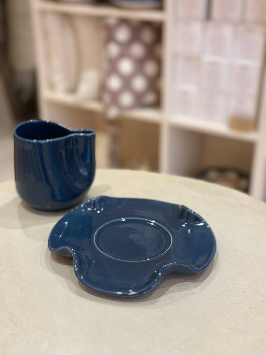 Set of mugs and cups, water lily, handmade ceramic, pop, petrol blue