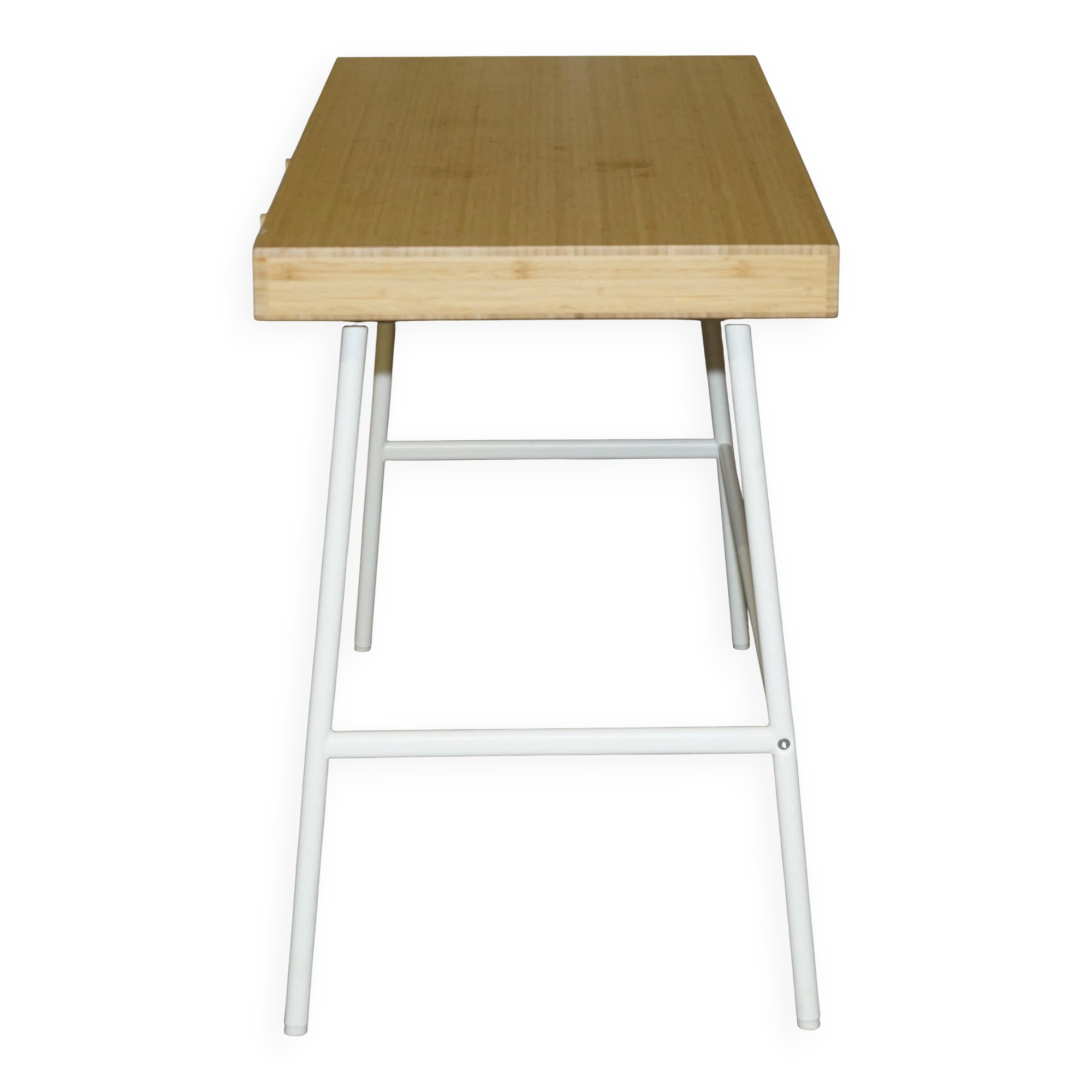 Small bamboo desk with three drawers.