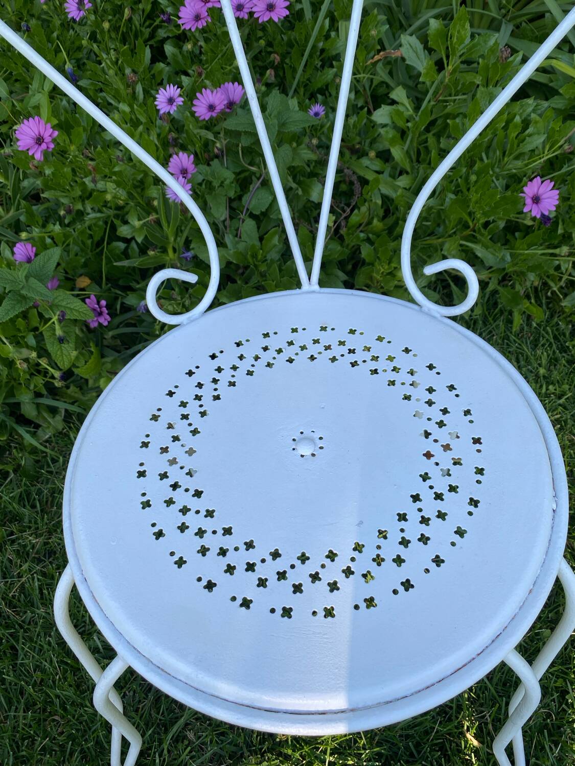 Paire de chaises de jardin anciennes en fer forgé ouvragé